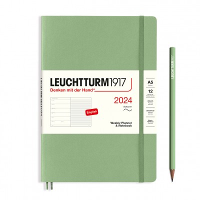 Leuchtturm1917 határidőnapló 2024 A5 heti beosztású naptár és notesz, puha borító, Sage