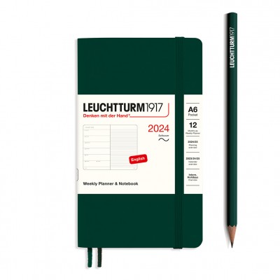 Leuchtturm1917 határidőnapló 2024 A6 heti beosztású naptár és notesz, puha borító, Forest Green